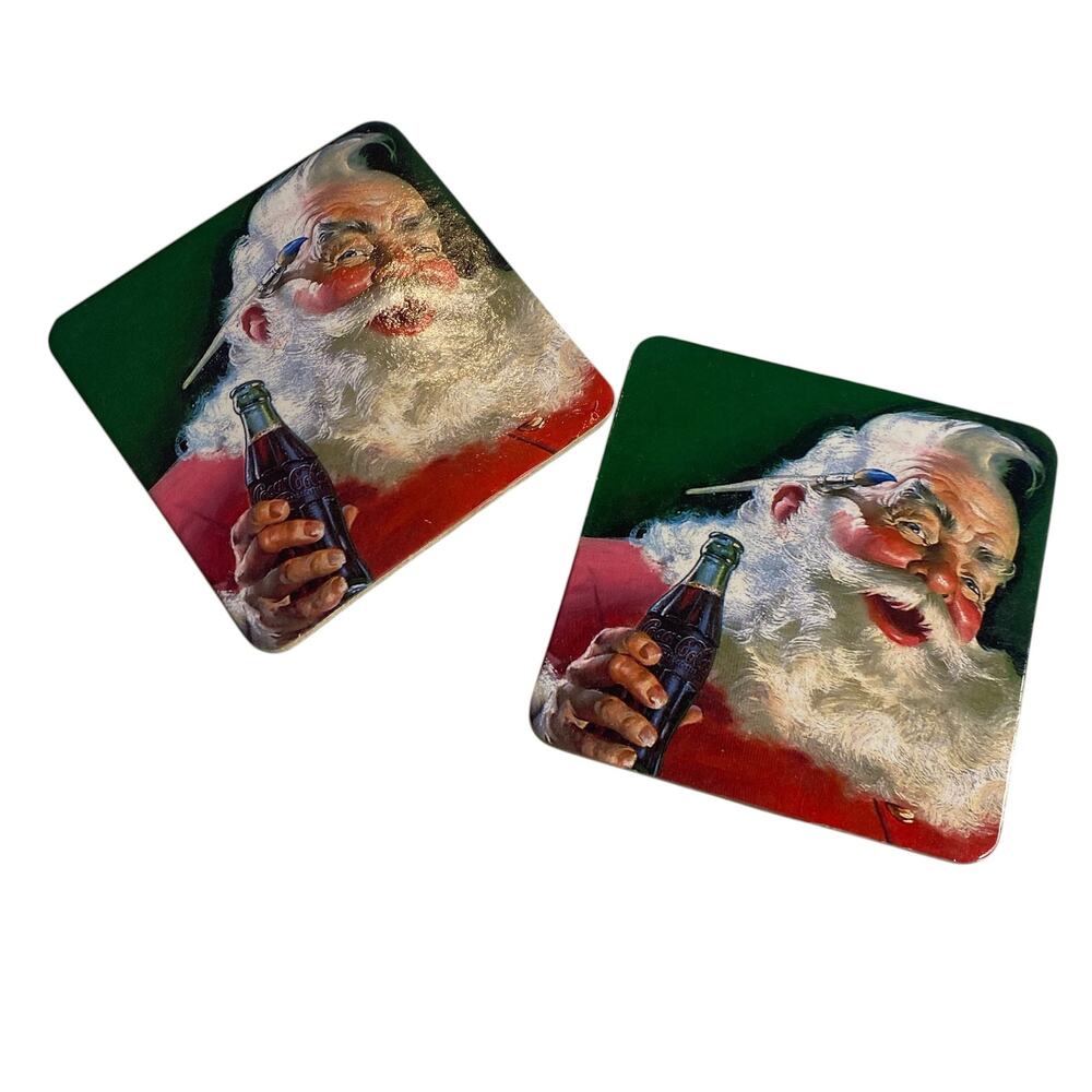 Vintage Christmas Santa Claus with Paint Brush & Coca Cola Coaster Set of TWO